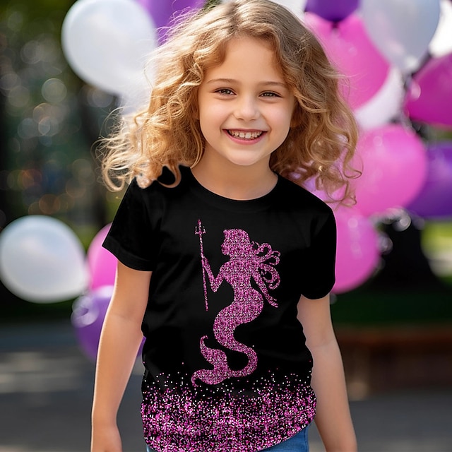  Flickor 3D Sjöjungfru T-shirt Skjorta Kortärmad 3D-tryck Sommar Vår Aktiv Mode söt stil Polyester Barn 3-12 år Rund hals Utomhus Ledigt Dagligen Normal