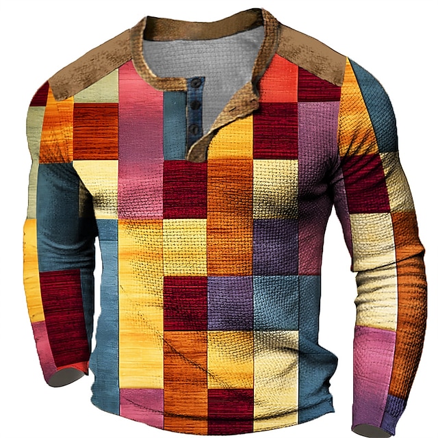  Graficzny Kratka Kolorowy blok Moda Designerskie Codzienny Męskie Druk 3D Koszula Henley T-shirt waflowy Sporty na świeżym powietrzu Święto Festiwal Podkoszulek Żółty Jasnofioletowy Fioletowy Długi
