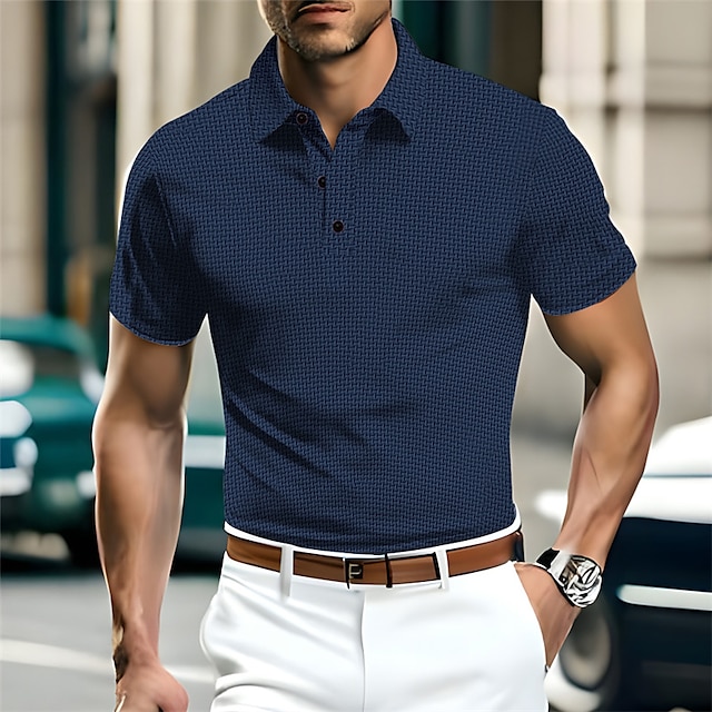  Herren Waffel-Poloshirt Polos mit Knöpfen Casual Sport Kargen Kurzarm Modisch Old-Money-Stil Glatt Strick Sommer Regular Fit Schwarz Weiß Marinenblau Khaki Dunkelblau Grau Waffel-Poloshirt