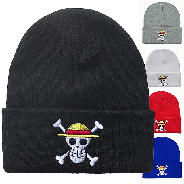  One Piece Beanie Hats Knitted Cap Luffy Embroidered  Skull Crossbones Warm Stretchable Anime Accessories Unisex