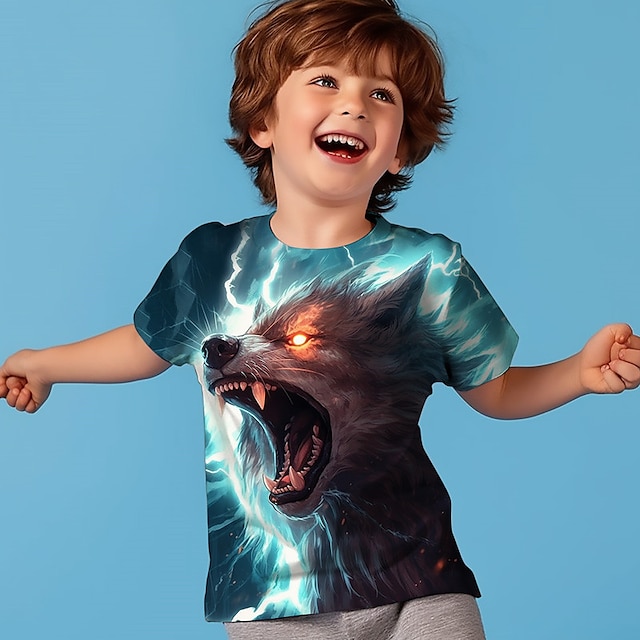  Jungen 3D Wolf T-Shirt Hemd Kurzarm 3D-Druck Sommer Aktiv Sport Modisch Polyester kinderkleidung 3-12 Jahre Rundhalsausschnitt Outdoor Casual Täglich Regular Fit