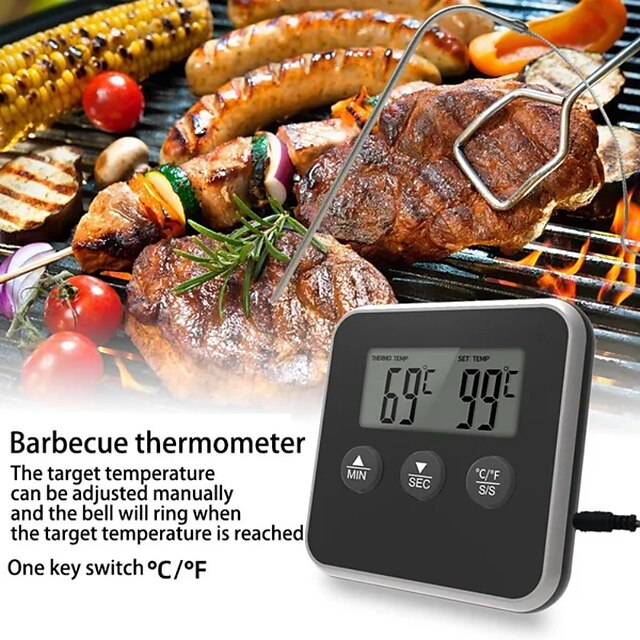  Digital BBQ Cooking Oven Thermometer Meat Kitchen Food Temperature Meter for Grill Timer Function with Stainless Steel Probe
