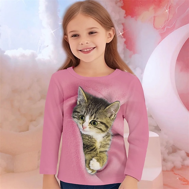  女の子 3D 猫 Ｔシャツ シャツ ピンク 長袖 3Dプリント 春 秋 活発的 ファッション かわいいスタイル ポリエステル 子供 3〜12年 クルーネック アウトドア カジュアル 日常 レギュラー