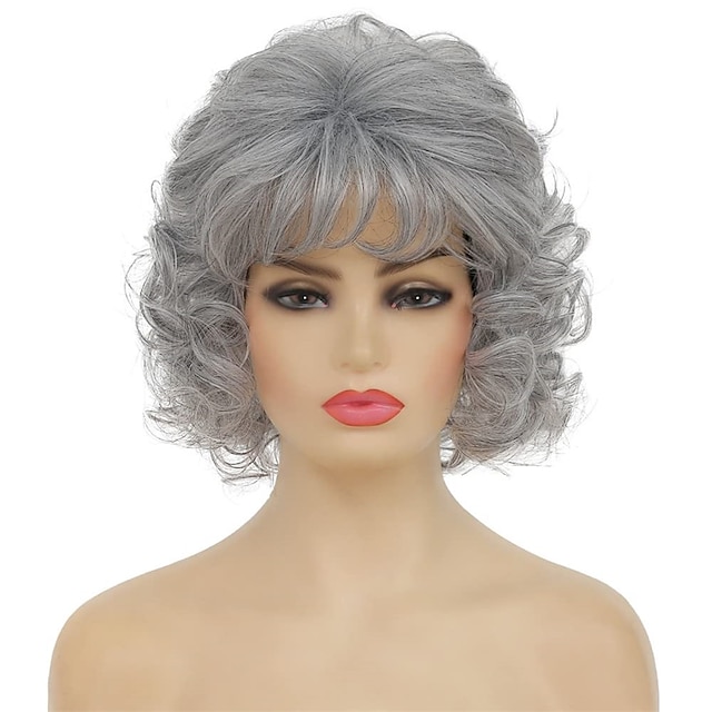  krótkie szare kręcone damskie peruki z grzywką naturalne włosy syntetyczne warstwowe starsze panie żaroodporne codzienne pełne peruki cosplay