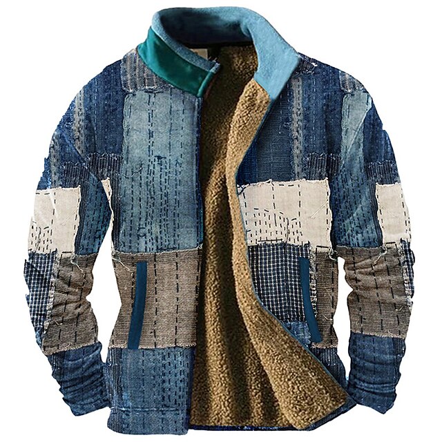  Homens Gráfico Retalhos camisolas Moletom Zip Casaco de lã Casacos Manga Longa Moletom Colarinho Chinês Diário Casual Vintage retrô Férias Feriado Para Noite Tosão Inverno