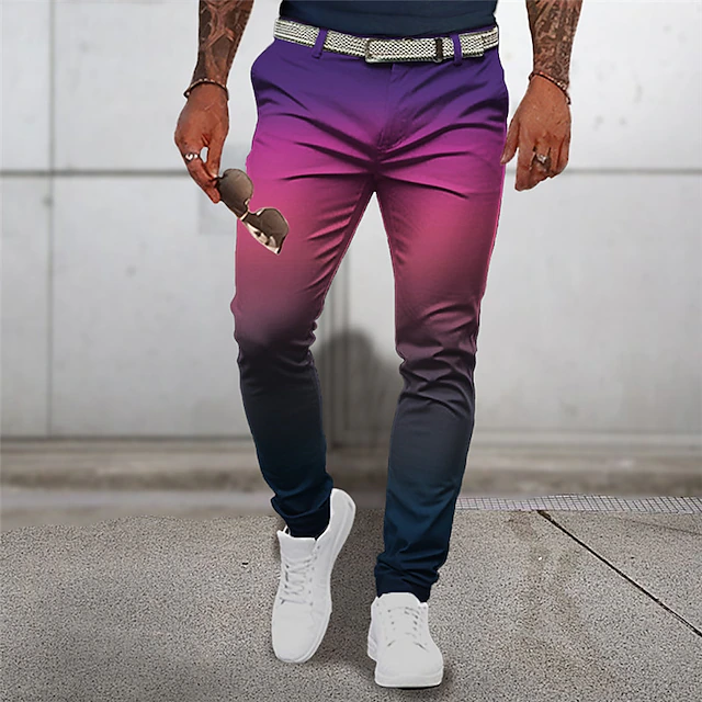 Gradual Business Casual Men's 3D Print Dress Pants Pants Trousers Outdoor Daily Wear Streetwear Polyester Yellow Blue Purple S M L Medium Waist Elasticity Pants 5