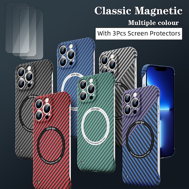  Funda para teléfono + paquete de 3 protectores de pantalla para Apple iPhone 15 Pro Max Plus iPhone 14 Pro Max iPhone 13 Pro Max 12 11 Funda delgada con PC de fibra de carbono ultrafina Magsafe a prueba de golpes