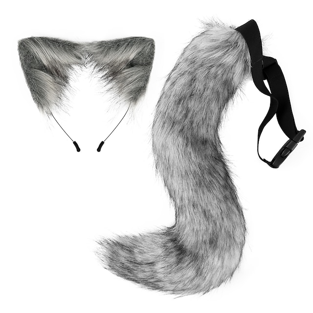  Cat Ears and Wolf Fox Animal Tail Cosplay Costume Faux Fur Hair Clip Headdress Halloween Leather Headband Tail Set