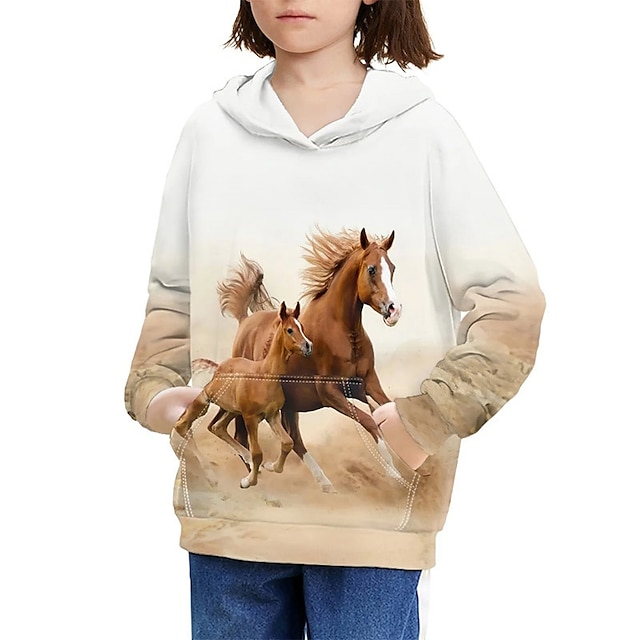  Unisex 3D Horse Hoodie Pullover Long Sleeve 3D Print Spring Fall Fashion Streetwear Cool Polyester Kids 3-12 Years Hooded Outdoor Casual Daily Regular Fit
