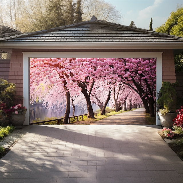  Paysage de fleurs de cerisier en plein air, couverture de porte de garage, bannière, belle grande toile de fond, décoration pour porte de garage extérieure, décorations murales pour la maison,