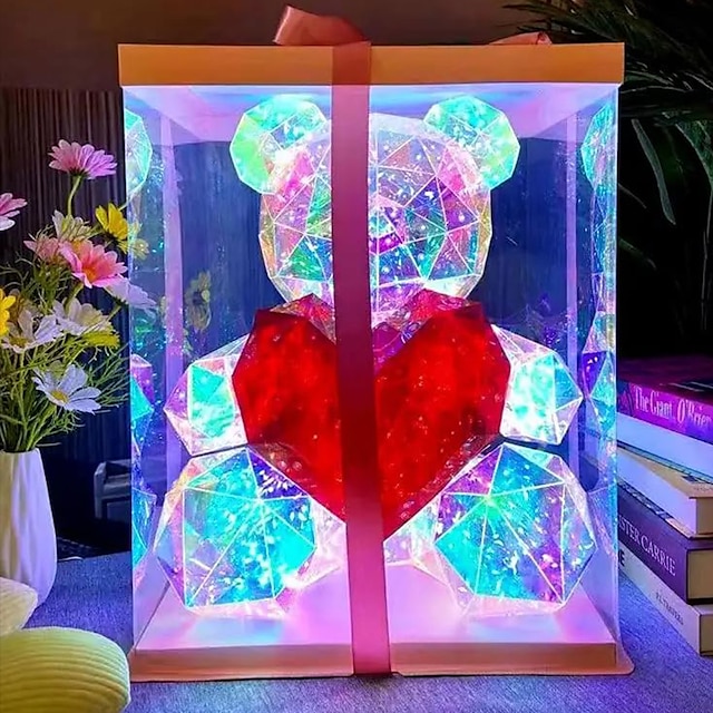  Women's Day Gifts Gorgeous Shining LED Teddy Bear Holding a Pink Heart, Forever Gifts for Anniversary and Birthday 10 inch Mood Lighting Galaxy Lamp - w/Clear Gift Box Mother's Day Gifts for MoM