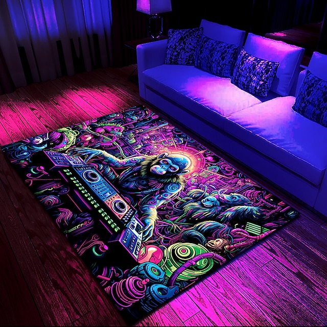  Blacklight Rug UV Reactive Glow in the Dark Area Rug Kitchen Mat Non-Slip Oil Proof Chimpanzees DJ Floor Mat Livingroom Rug Indoor Outdoor Mat Bedroom Decor Bathroom Mat Entrance Rug Door Mat