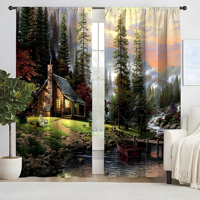  2 Panels Forest House Curtain Drapes Blackout Curtain For Living Room Bedroom Kitchen Window Treatments Thermal Insulated Room Darkening