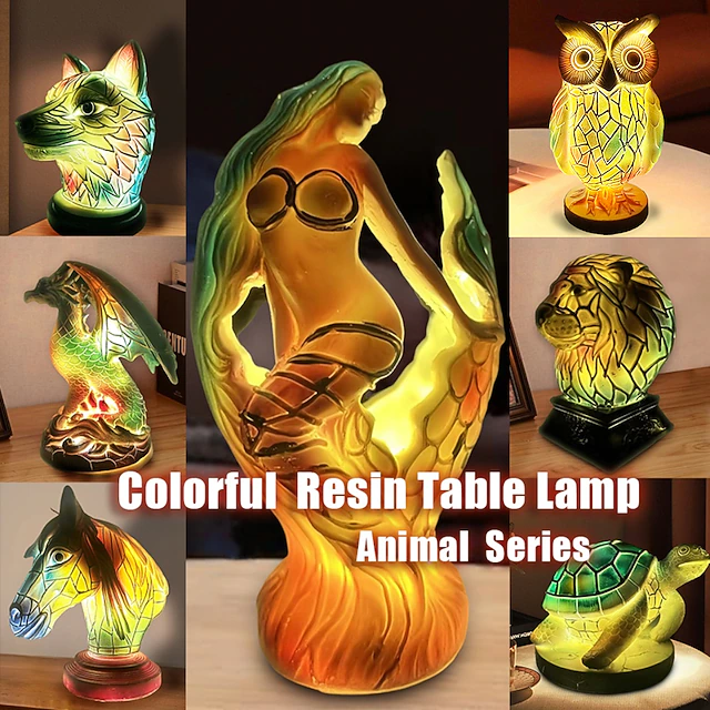 Resin Table Lamp Animal Series Simulated Stained Glass Night Light Retro Desk Lamps for Bedroom Bedside Lamp Animal Lovers Home Decor 10*15CM/3.93*5.9INCH 18