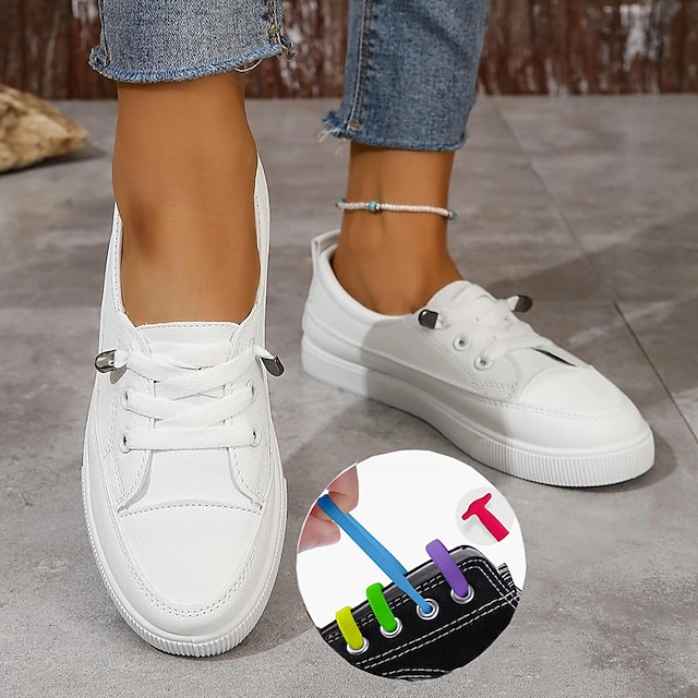  Women's Sneakers White Shoes Outdoor Daily Flat Heel Round Toe Fashion Sporty Casual Walking Canvas Lace-up White With 16pcs Set Lazy No-Tie Silicone Elastic Laces Fast Shoes Lace