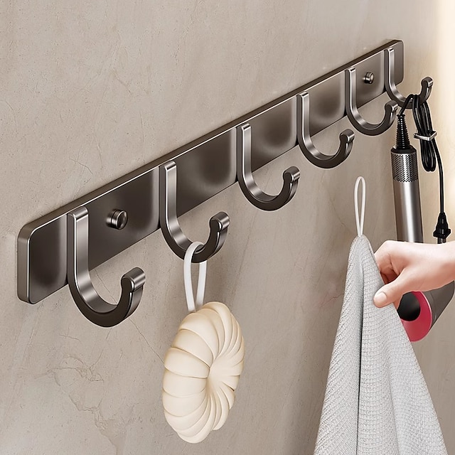  Wall Mounted Towel Bar No Punching Space Aluminum Clothes Hook Bathroom Bathroom Clothes Hook Door Back Hook Clothes Hanger Kitchen Strong Adhesive Hook