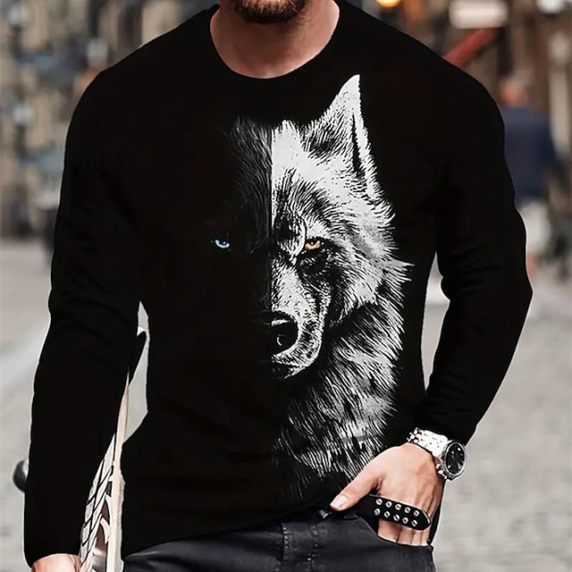  Herre Grafisk Dyr Ulv T skjorte Langermet T skjorte 3D-utskrift Crew-hals Skjorte Mote Designer Fritid Sport & Utendørs Ferie Ut på byen Svart Vår & Vinter Klær S M L XL 2XL 3XL 4XL
