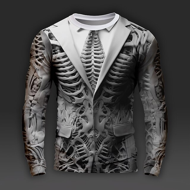 Men's Graphic Skull Bone Skeleton Skulls Long Sleeve T shirt 3D Print Crew Neck Shirt Daily Designer Artistic Party Casual Holiday Dark Brown Light Brown Green Spring &  Fall Clothing Apparel Normal3