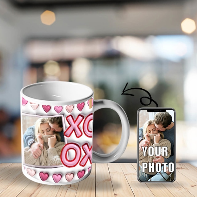  Személyre szabott fényképes bögre ajándék XOXO Valentin-napi ajándék bögrék pároknak 3D bögre 11 oz szublimációs dizájnnal Valentin-napi ajándék férjnek barátnak barátnőnek feleségnek személyre