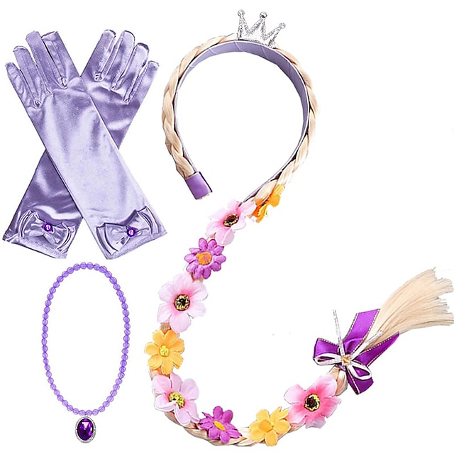  Perruque trois pièces raiponce enchantée pour carnaval, collier de gants, fête de vacances, accessoire de cosplay