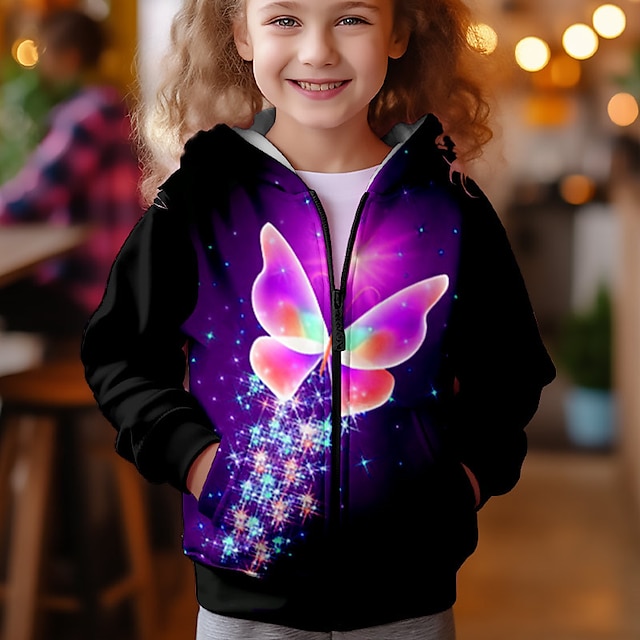  Fete 3D Fluture Hanorac cu Glugă Geacă Îmbrăcăminte Exterior Manșon Lung Toamnă Iarnă Activ Drăguţ Șic Stradă Poliester Copii 3-12 ani Fermoar Stradă Zilnic Fit regulat