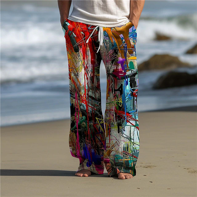 Color Block Graffiti Abstract Men's 3D Print Pants Trousers Outdoor Daily Wear Streetwear Polyester Yellow Dark Purple Red S M L Medium Waist Elasticity Pants 7