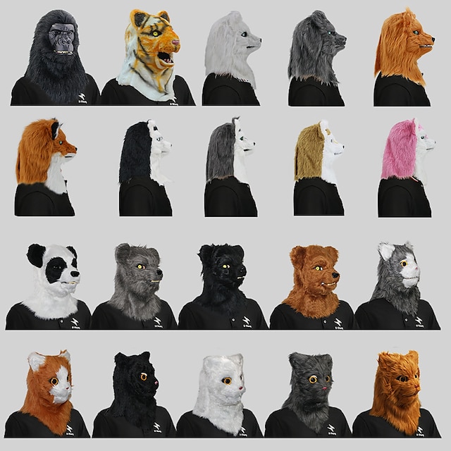  Couvre-chef d'animal à ouverture de bouche de carnaval, masque drôle, tête de chien de loup, couvre-chef de tigre gorille, boule de maquillage, accessoires d'halloween