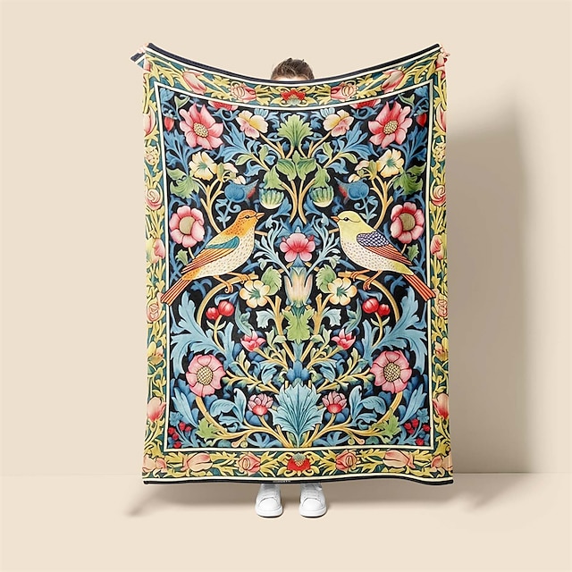 Manta medieval vintage con diseño de flores y pájaros, súper suave, manta sherpa, franela cálida, impresa en 3D, para todas las estaciones, decoración de la habitación, regalos, manta grande