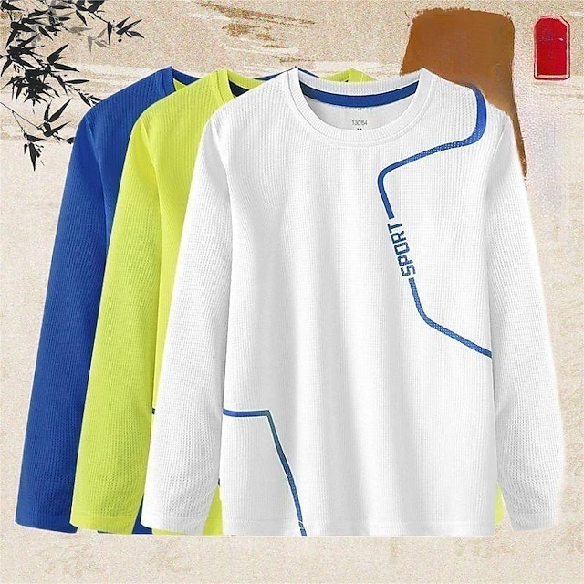  Kids Boys Quick-drying T shirt Tee Solid Color Letter Long Sleeve Crewneck Children Top School Cool Daily Spring Fall White 7-13 Years