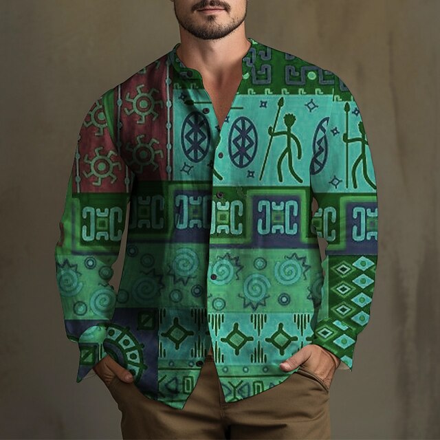 Afro Tribal Traditional Pattern Long Sleeve Button Shirt Green Motif LT9 main image 1