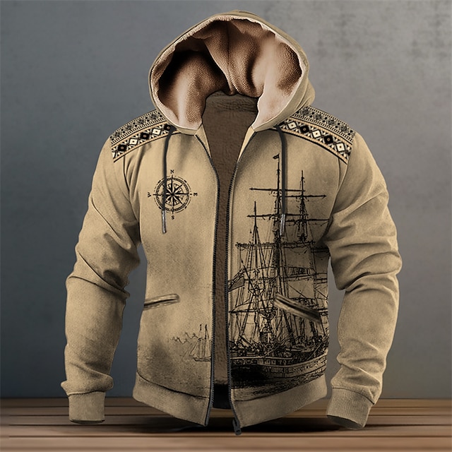  Graphic Sailboat Men's Daily 3D Printing Hoodie Holiday Vacation Going out Hoodies Black Blue Long Sleeve Hooded Print Fall & Winter Designer Hoodie Sweatshirt