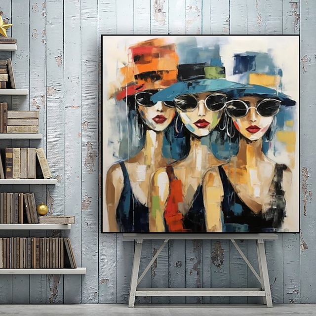 Las tres mujeres lienzo arte de la pared damas con sombreros pintura pintada a mano pintura para mujeres lienzo grande abstracto decoración de la pared del hogar dormitorio sin marco