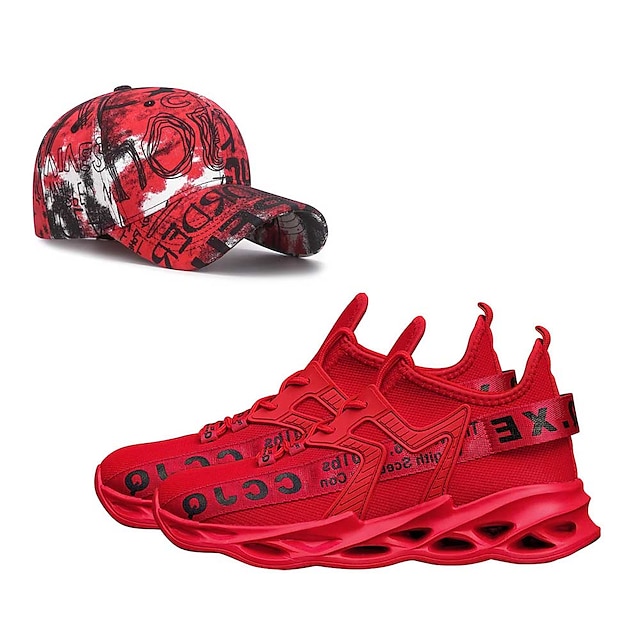  Men's Sneakers and Baseball Cap Set Sporty Sandals Platform Sneakers Running Walking Sporty Casual Outdoor Daily Tissage Volant Breathable Lace-up Black White Red Summer Spring