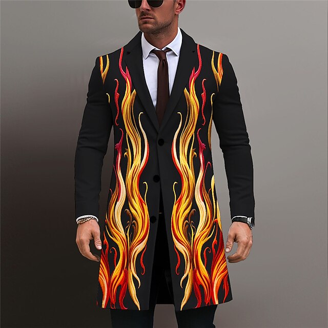 Men's Flame Winter Coat Overcoat Coat Warm Comfortable Breathable Business Abstract Work Wear to work Going out Pocket Print Fall & Winter Turndown Long Sleeve Blue Purple Orange4