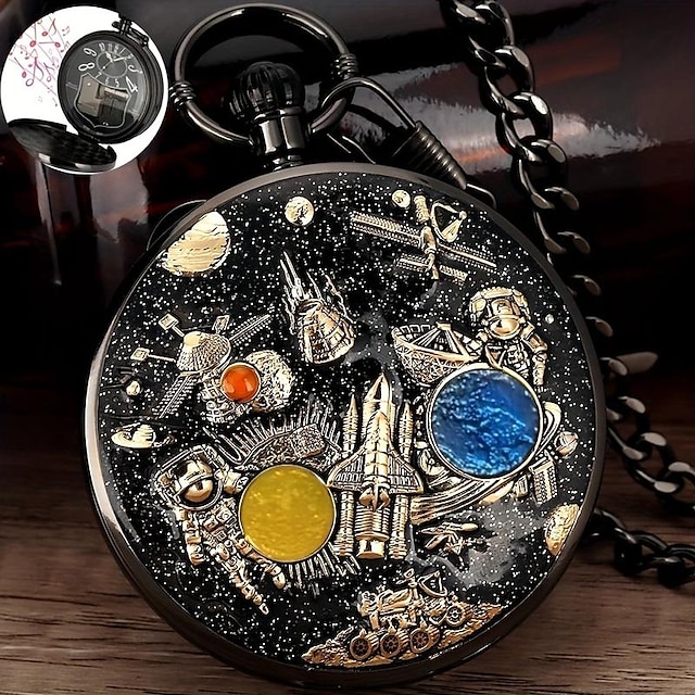  Reloj de bolsillo de música de la serie espacial para hombre con cadena, reloj de moda retro vintage, collar de música para mujer, relojes únicos para parejas, regalo coleccionable