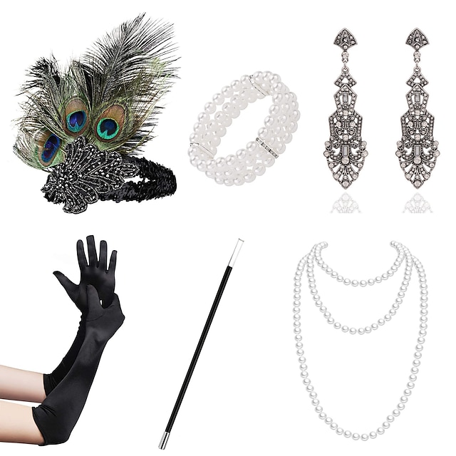  Elegant Vintage 1920s The Great Gatsby Ball Gown Gloves Necklace Flapper Headband Accesories Set Necklace Earrings The Great Gatsby Women's Feather Beads New Year Performance Gloves