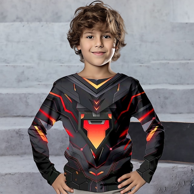  Drenge 3D Geometrisk T-shirt Skjorte Langærmet 3D-udskrivning Forår Efterår Sport Mode Gade Polyester Børn 3-12 år Rund hals udendørs Afslappet Daglig Regulær