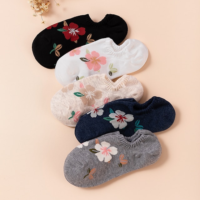  5 paires de chaussettes invisibles pour femmes, en coton à fleurs, simples, décontractées, vintage, rétro, mignonnes, pour le travail quotidien