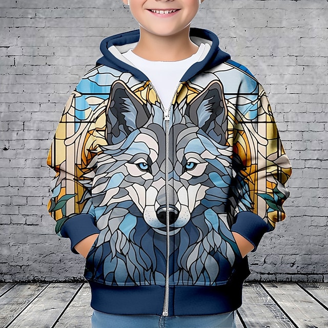  Pojkar 3D Varg Huvtröja Kappa Ytterkläder Långärmad Höst Vinter Aktiv Streetwear Häftig Polyester Barn 3-12 år Blixtlås Gata Dagligen Normal