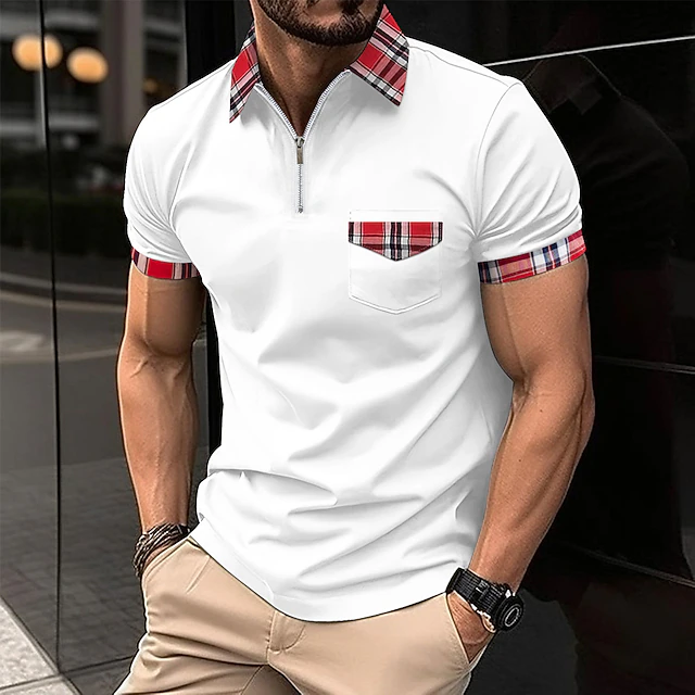 Male Polo Shirt Knit Polo Casual Date Lapel Short Sleeves Fashion Plaid / Striped / Chevron / Round Solid / Plain Color Knitting Summer Dry-Fit Black White Pink Wine Dark Navy Sky Blue Polo Shirt 15