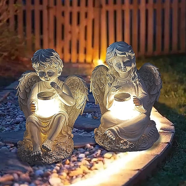  Estatuilla de ángel de jardín, estatuilla de hada de ángel con luz solar, figuras de ángel de resina de jardín, decoración de ángel para regalos conmemorativos de cementerio de césped, estatuilla de