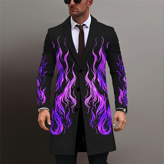 Men's Flame Winter Coat Overcoat Coat Warm Comfortable Breathable Business Abstract Work Wear to work Going out Pocket Print Fall & Winter Turndown Long Sleeve Yellow Purple3