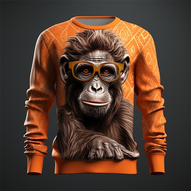  Graphic Orangutan Men's Fashion 3D Print Golf Pullover Sweatshirt Holiday Vacation Going out Sweatshirts Light Brown Orange Long Sleeve Crew Neck Print Spring &  Fall Designer Hoodie Sweatshirt