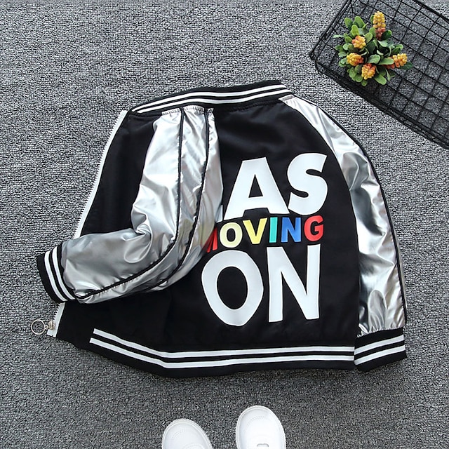  Kids Boys Baseball Jackets Outerwear Graphic Letter Long Sleeve Coat School Cool Daily Silver Gold Spring Fall 7-13 Years