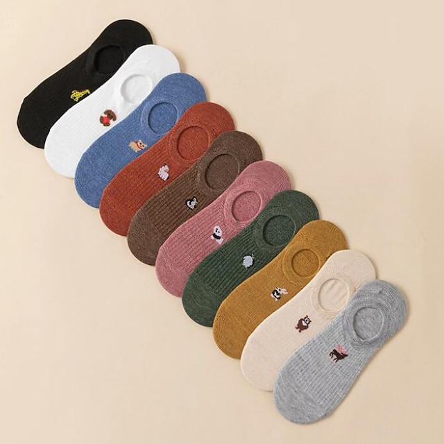  10 paires de chaussettes invisibles pour femmes, travail quotidien, à motifs d'animaux, en coton, simples, classiques, décontractées/quotidiennes