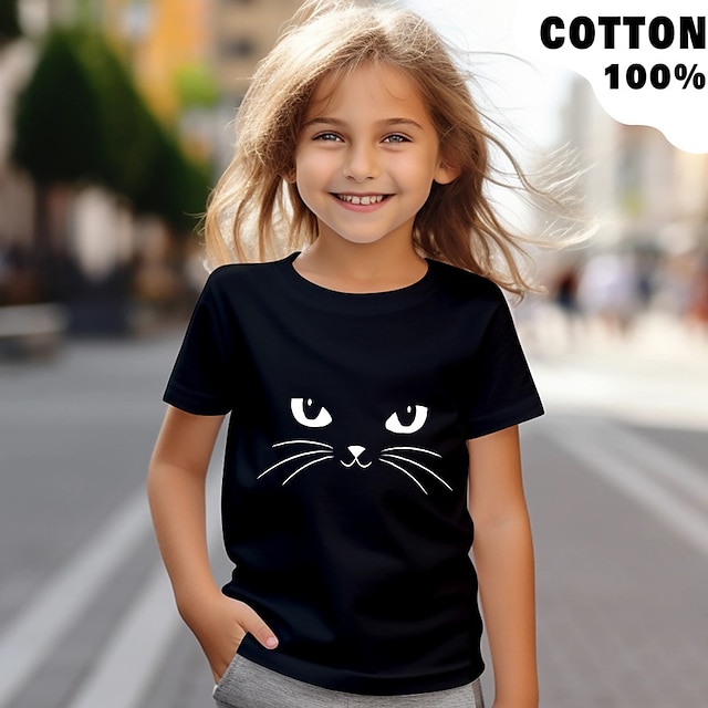  Flickor 3D Katt T-shirt Skjortor Kortärmad 3D-tryck Sommar Aktiv Mode söt stil 100 % bomull Barn 3-12 år Rund hals Utomhus Ledigt Dagligen Normal