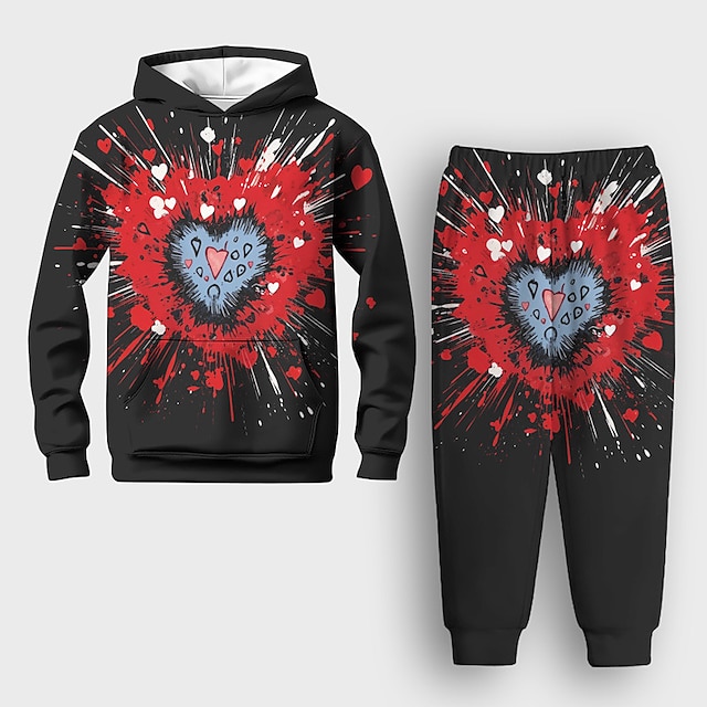  Valentines Boys 3D Skull Heart Hoodie & Sweatpants Set Long Sleeve 3D Printing Spring Fall Active Fashion Cool Polyester Kids 3-12 Years Hooded Outdoor Street Vacation Regular Fit