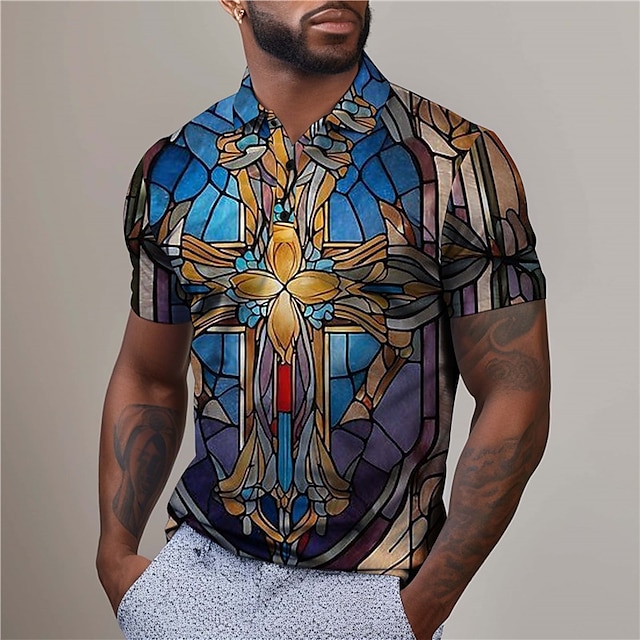  Floral Cross Men's Vintage 3D Print Polo Shirt Golf Polo Outdoor Daily Wear Streetwear Polyester Short Sleeve Turndown Polo Shirts Lake blue Red Summer S M L Micro-elastic Lapel Polo