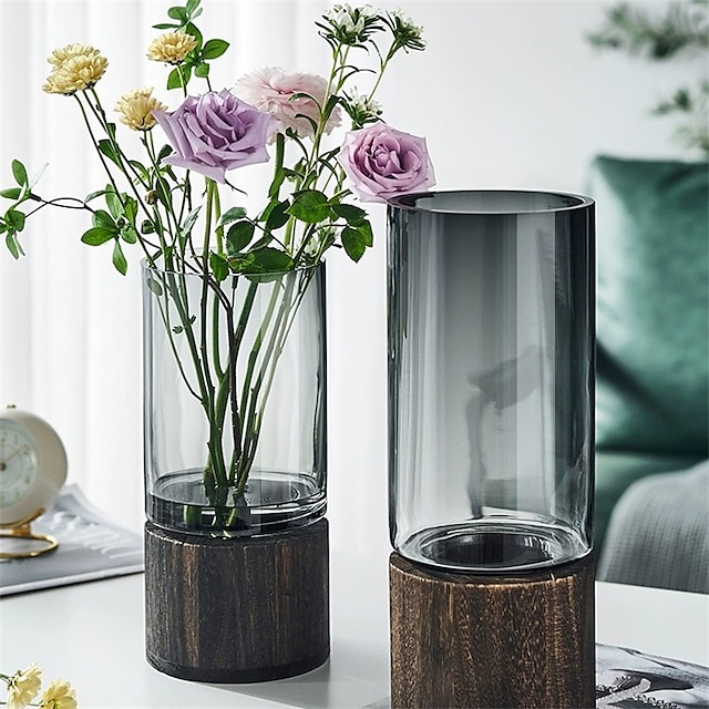  Vase für Frauentagsgeschenke, nordisches Instagram, kreative Glas-Blumenvase, runder Holzsockel, Wohnzimmer, Esstisch, dekorative Verzierung, Muttertagsgeschenke für Mama