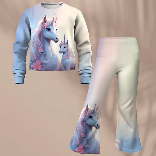  Fete 3D Inorog Set hanorac și pantaloni evazați Manșon Lung Tipărire 3D Primăvară Toamnă Activ Modă Zilnic Copii 3-12 ani Stil Nautic În aer liber Vacanță Dată Fit regulat